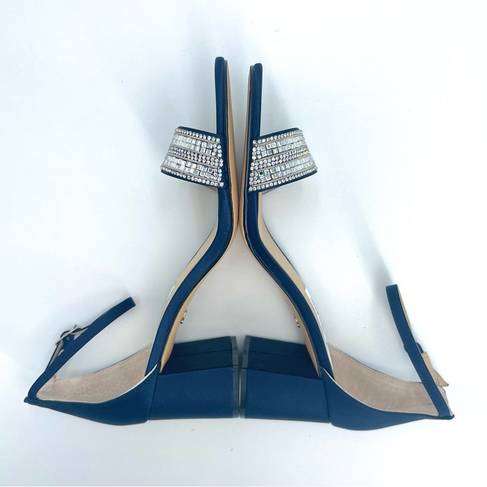 NINA WOMENS NAVY SUEDETTE CRYSTAL BLOCK MID-HEEL ANKLE STRAP DRESS SANDAL NIB! - Picture 12 of 15